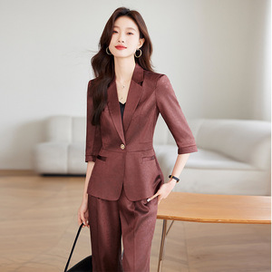 Women's Burgundy Suit <b>Set</b> Three Quarter Sleeve Satin Summer Office Lady Formal Wear Breathable Polyester Fabric - Product Image 1