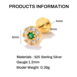 Piercing corporel en argent sterling S925 avec zircon blanc vert, vis circulaires, filetage plat noir 16G - Product Image 2