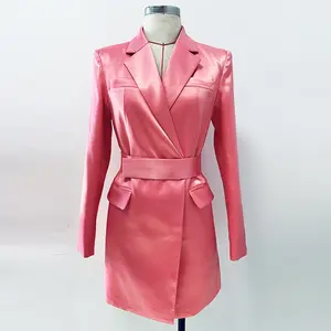 2024 Nieuwe Vrouwen Bandage Mode Roze Zwarte Blazers Jassen Lange Pak Jassen