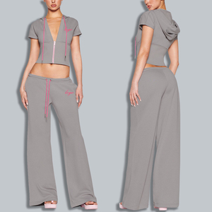 Của phụ nữ hai mảnh giản dị Skinny phù hợp với sâu v-cổ ngắn tay Trùm đầu quần ống rộng Quần Dệt Kim vải thêu kỹ thuật - Product Image 5