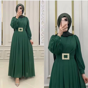 Abito Abaya in Chiffon a Maniche Lunghe con Collo Tondo e Cintura, Colore Unito, per Donna Musulmana, Ideale per Feste e Uso Quotidiano, Stile Dubai, per Eid <span class=keywords><strong>Al</strong></span> Fitr - Vendita all'Ingrosso - Product Image 2