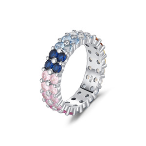 S925 Silver Eternity Band Ring With <b>Pink</b> Blue And Clear Zircon Pave Setting Women's Trendy Everyday Wear Jewelry - Product Image 1