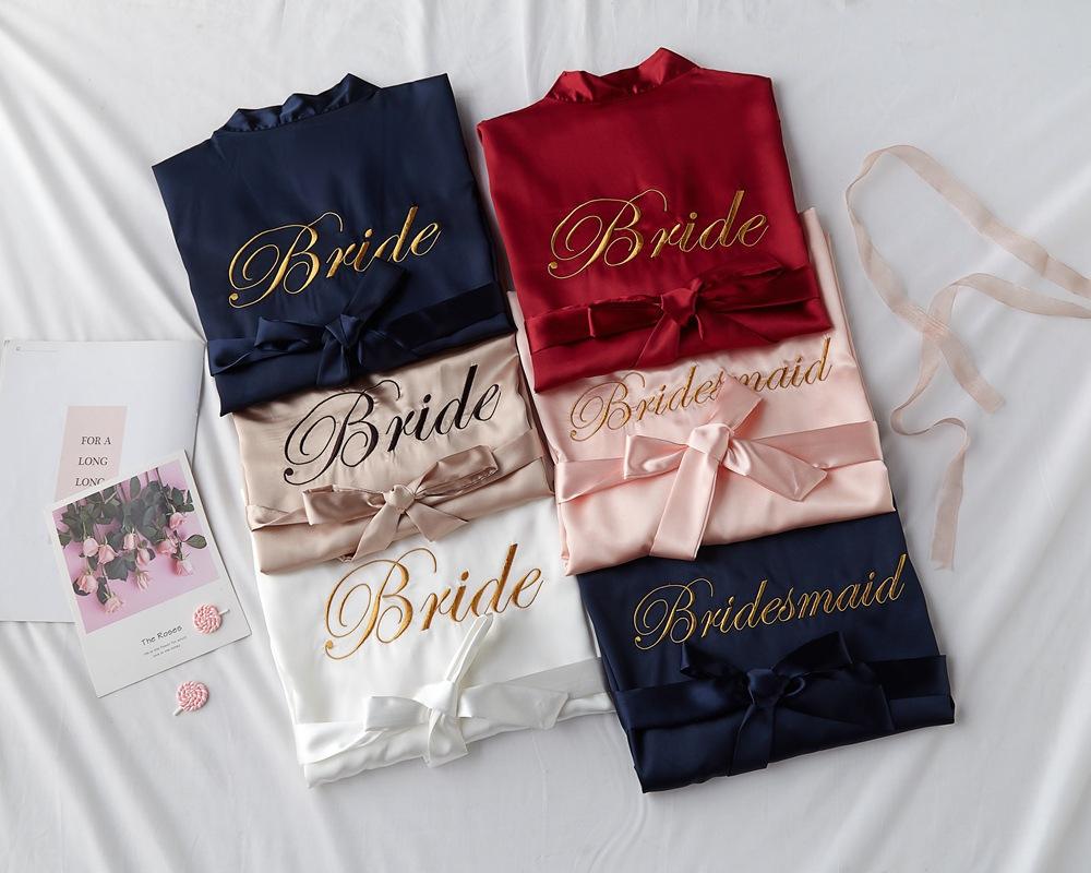 Custom Robes Silk Personalized Embroidery Women Satin Romantic Wedding Bridesmaids Robe Femme Marriage Bride Women's Dress 