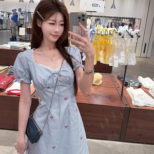 Sweetheart Neck Short Sleeve Dress With Bow Print A Line Casual Daily Wear - Product Image 2