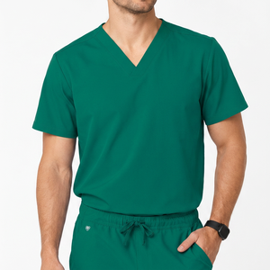Unisex Green V-Neck <b>Scrub</b> <b>Top</b> Spandex Woven Hospital Uniform Needle Detection Seamless Fusing - Product Image 1