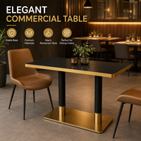 Ensemble de salle à manger rectangulaire, plateau de table noir avec bordure dorée, chaise rembourrée marron, fournitures pour hôtels, cafés, bistros et restaurants