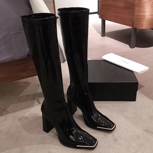 Botas Altas de Mujer con Tacón Grueso y Punta Cuadrada, con Cremallera Lateral, de Charol, hasta la Rodilla - Product Image 6