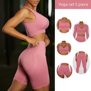 Vente en gros Vêtements de fitness de couleur personnalisée Vêtements de yoga et de fitness sans coutures 5 ensembles de gymnastique pour femmes