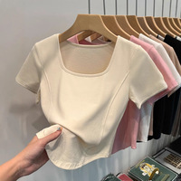 Camiseta de verano para mujer con cuello cuadrado, manga corta, dobladillo curvo, escote amplio, ajuste ceñido, diseño de espina de pescado, teñido liso, color sólido, larga