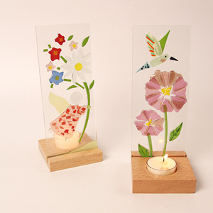 Colored Handmade Fused Rectangle Glass Flower <b>Ornament</b> Wooden Base-Home Decor Craft 7*19cm for <b>Easter</b> Christmas New Year - Product Image 5