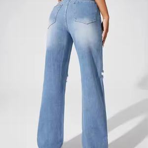 กางเกงยีนส์ขาบานเอวสูงแห้งเร็วสำหรับผู้หญิง ระบายอากาศได้ดี ปักลายผีเสื้อ แต่งขาดแบบลำลอง ปักลายที่เอว - Product Image 5