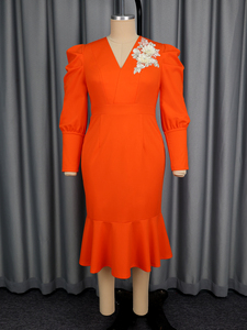 AM050739 elegante manica lunga a sbuffo con scollo a V 3D ricamato aderente a coda di pesce <span class=keywords><strong>arancione</strong></span> Midi formale da donna abiti da festa - Product Image 4