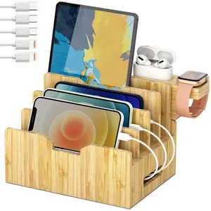 Bamboe Laadstation Voor Multi-Apparaten Staan Desktop Opladen Organizer Kabelstation