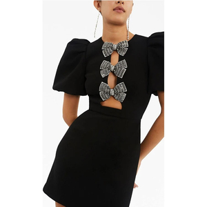 Vestido Casual Mini Negro en Línea A para Mujer, Ecológico, Transpirable, con Mangas Abullonadas - Product Image 1