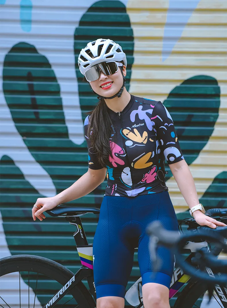 MONTON 2024 stilvolle vollständig gestaltete Radsportbekleidung atmungsaktiv Kurzarm Radtrikot für Damen Rundradfahrrad Fahrradbekleidung
