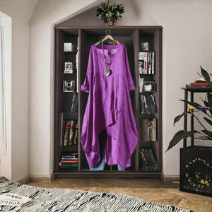 Vestido Casual de Lino Morado a Cuadros para Mujer Tallas Grandes, Estilo Bohemio con Dobladillo Asimétrico, Abertura, Bolsillos y Manga Media, Largo a Media Pantorrilla - Product Image 3