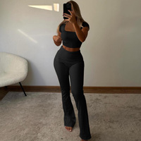 Nuevo Conjunto de 2 Piezas para Mujer, Verano, Manga Corta, Cuello en U, Pantalones con Puños, Color Sólido, Conjunto de Loungewear Acanalado