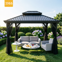 Gazebo de jardin de 14 pieds avec structure en acier renforcé et cadre en aluminium, double toit, pavillon écologique, moustiquaire et rideaux pour barbecue