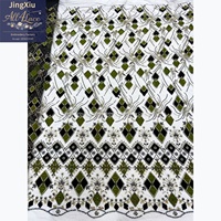 Tissu en velours géométrique de luxe ivoire, noir et vert olive, avec appliques de diamants, perles et paillettes, en tulle et dentelle, pour robe africaine Boubou Kaftan