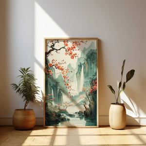 Hoa anh đào rơi nghệ thuật thác nước yên tĩnh cảnh quan lấy cảm hứng từ cảnh thiên nhiên hòa bình vải in tường cho trang trí phòng nhà - Product Image 5