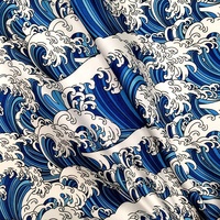 Entoilage en satin imprimé numérique de vagues bleues de style rétro YH8-4053 100% polyester pour les vêtements des filles prêts à expédier