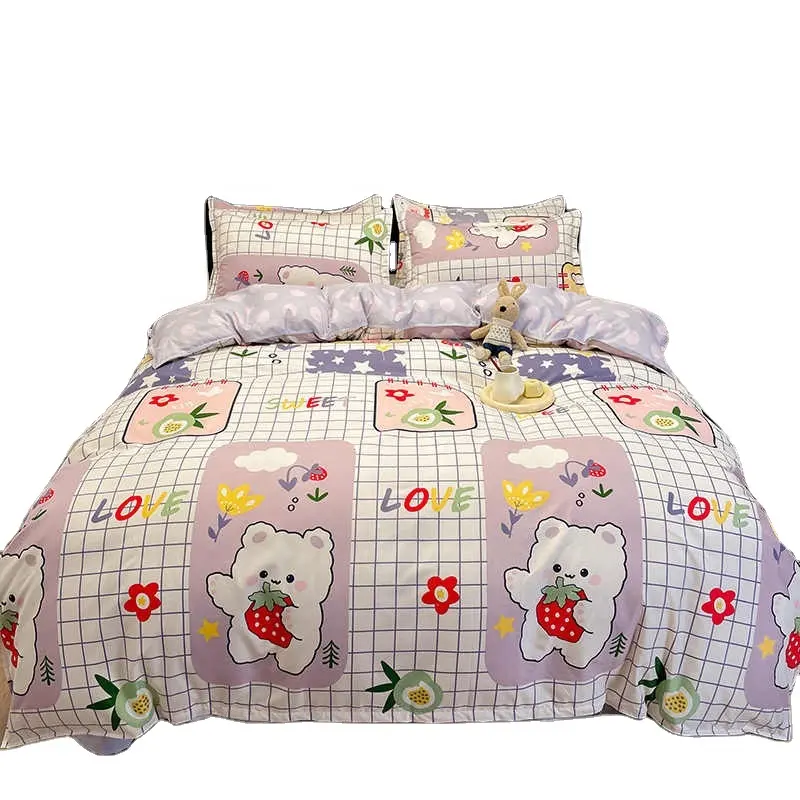 ชุดเครื่องนอนหมีสตรอว์เบอร์รีน่ารัก3/4ชิ้น,ผ้าคลุมเตียงพร้อมปลอกหมอนสำหรับเตียงคู่ขนาดคิงไซส์พร้อมปลอกหมอน