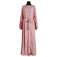 Vestido longo de cetim com mangas bufantes, alta qualidade, liso, frontal aberta, vestido kimono, feminino, cafetã
