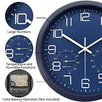 Horloge murale à quartz moderne en plastique analogique avec affichage de la température et de l'humidité, réglage automatique de l'heure, forme ronde pour salon
