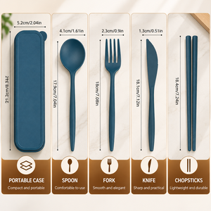 Juego de cubiertos portátil de paja de trigo con estuche, cuchara, tenedor, cuchillo y palillos reutilizables, juego de utensilios de viaje - Product Image 2