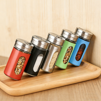 Pot à épices en verre coloré de 90 ml avec manchon en acier inoxydable, couvercle rotatif, bouteille à sel et poivre pour la cuisine à domicile
