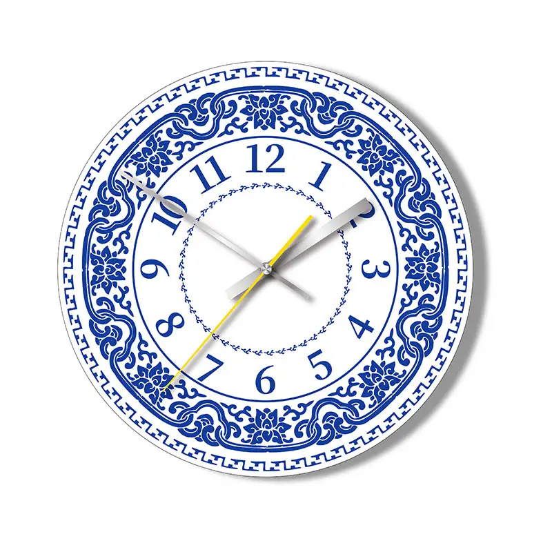 2024 Новый китайский стиль синий и белый фарфор МДФ деревянные настенные часы с пользовательским логотипом 12 дюймов современные круглые простые часы