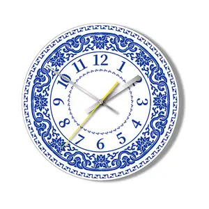 Relógio de parede em madeira Mdf de porcelana azul e branca estilo chinês, relógio moderno redondo simples com logotipo personalizado, novo logotipo, modelo 2024, novo, 12 polegadas, novo, 2024