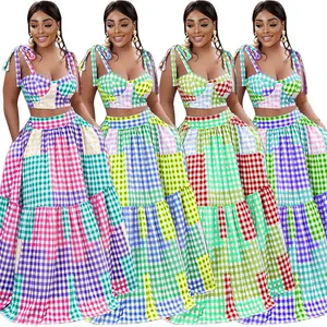 Go Party Nieuwe Stijl Plaid Print Vrouwen Vest Rok Set Jarretel Splicing Kleur Kleding Crop Tops En Hoge Taille Maxi Tweedelige