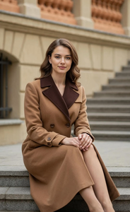 <b>Women</b>’s Camel Brown <b>Wool</b> Trench <b>Coat</b> with Contrast Chocolate Lapel Elegant Long <b>Double</b> <b>Breasted</b> Tailored Overcoat Premium Winter - Product Image 4