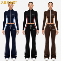 Ensemble de survêtement 2 pièces pour femme avec logo personnalisé, veste courte zippée avec empiècements latéraux color block et pantalon évasé taille haute, style gym et streetwear
