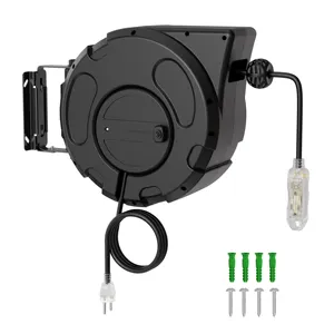 Cable de alimentación resistente de 50 pies y 14AWG con triple toque y Disyuntor de 15A, carrete de cable de extensión retráctil de montaje en techo/pared