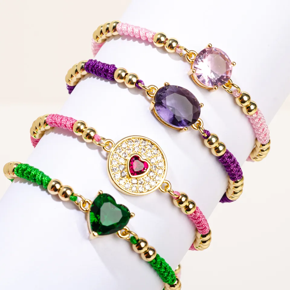 Handmade Multicolor Braided String Rope Bracelet Gold Bead Woven Rope Cubic Zircon Adjustable Bracelet For Women