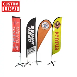 Gratis desain MOQ rendah Logo kustom promosi murah sisi iklan pantai tanda bulu bendera spanduk