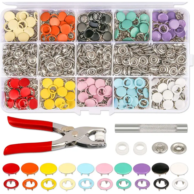 10 couleurs Snap Fasteners Tool Kit Creux et Solide En Métal Prong Snaps Boutons Outils bébé onesie boutons