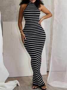 Vestido Largo de Verano para Mujer, sin Mangas, Cuello Halter, Espalda Descubierta, Cintura Alta, Transpirable, Estampado a Rayas, Sexy, para Fiesta o Club Nocturno - Product Image 2