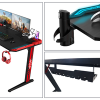 Bureau de jeu Rgb en forme de T de 80cm Bureau de jeu ergonomique de luxe pour sports électroniques avec LED Table de jeu d'ordinateur noire de haute qualité