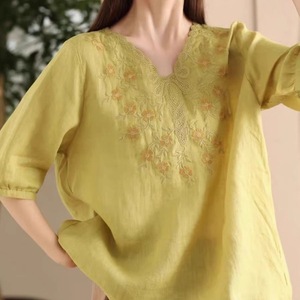 Cotton Linen Sheer Embroidered Shirt Women V Neck Mid Sleeve Pullover Elegant <b>Top</b> Everyday Wear - Product Image 1