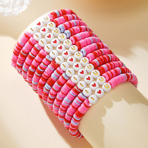 Fashion Beaded <b>Bracelets</b> English Letter Ceramic Women's Gift Jewelry Set Pink <b>Red</b> Purple Love Hugs Theme 7mm Beads - Product Image 2