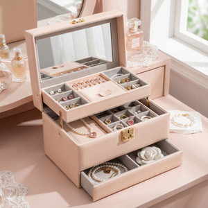 Nuevo Joyero de Cuero de Lujo de Gran Capacidad de Tres Capas para Niñas, Caja de Almacenamiento de Joyas para Pendientes y Collares, Empaque de Joyería - Product Image 1