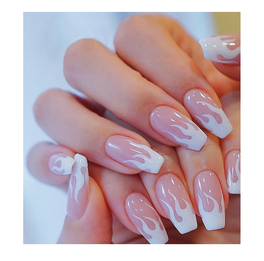 2021 высококачественные накладные ногти в форме розового пламени, Длинные изогнутые искусственные ногти, 24 шт., предварительно приклеивающиеся искусственные ногти с полным покрытием