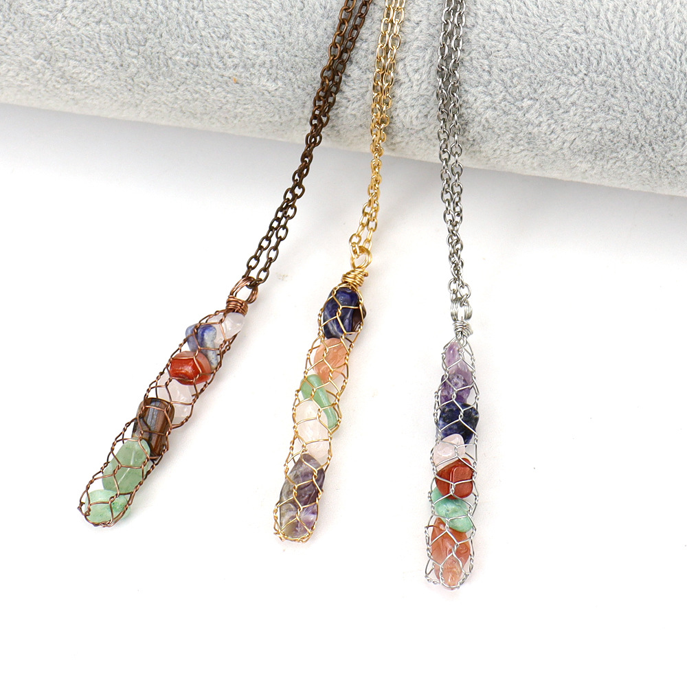 Hot Sale Handmade Wire Mesh Pocket Natural Stone Irregular Pendant Necklace Natural Gravel Crystal Necklace