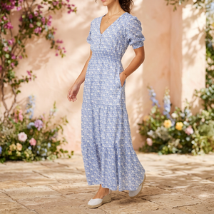 Vestido largo azul con estampado floral y cuello en V para mujer con cintura fruncida - Product Image 2