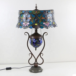 LongHuiJing Tiffany Style Lamp 18 Inch Antique Red Flower Stained Glass Lamp Shade Lamp With Glass Luminous Base - Product Image 4