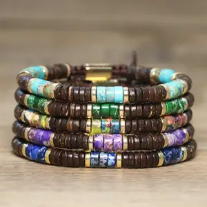 Bohemian 3x6mm Turquoise jasper Vòng đeo tay cho phụ nữ người đàn ông dừa trấu đính cườm Yoga Chữa bệnh căng tự nhiên đá vòng đeo tay