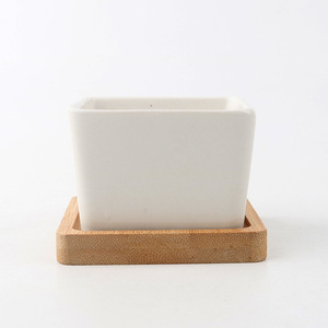 Pots de fleurs carrés en céramique blanche émaillée pour plantes succulentes, 6,7x6,7x4,5 cm, avec trou de drainage et plateau en <span class=keywords><strong>bambou</strong></span>, pour la maison, le bureau ou le sol, livraison directe - Product Image 4